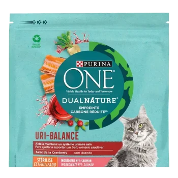 Sac de nourriture pour chat Purina ONE DUALNATURE avec un chat gris, du saumon et des canneberges, étiqueté "URI-BALANCE" pour la santé urinaire.
