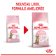Image de deux sacs de nourriture pour chat Royal Canin, présentant un nouveau look et une formule améliorée. Le texte indique "NOUVEAU LOOK, FORMULE AMELIORÉE."