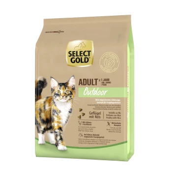 Sac de nourriture pour chats de la marque Select Gold, étiqueté "Adult Outdoor," avec une image de chat calico, et des détails sur les ingrédients de volaille et de riz.