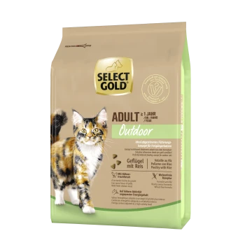 Hundefutterbeutel mit Select Gold-Marke, beschriftet "Adult Outdoor," mit einem Bild einer dreifarbigen Katze und Details zu Geflügel- und Reiszutaten.