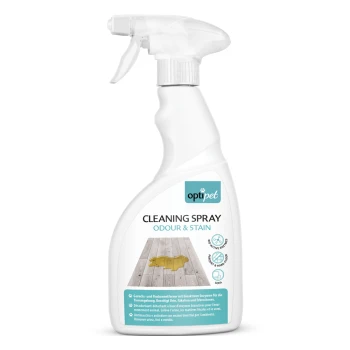 Reinigungs-Sprühflasche mit der Aufschrift "optipet" zur Geruchs- und Fleckenentfernung, mit einem gelben Fleck auf einem Holzboden.