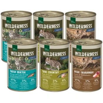 WILDERNESS Nassfutter Katze, Adult 6x400 g Mixpaket 1 Sechs Dosen Real Nature Wilderness Adult Katzenfutter, mit Geschmacksrichtungen: Frisches Wasser, Wahres Land und Weite Savanne, mit 97% Fleischgehalt.
