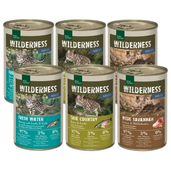 Sechs Dosen Real Nature Wilderness Adult Katzenfutter, mit Geschmacksrichtungen: Frisches Wasser, Wahres Land und Weite Savanne, mit 97% Fleischgehalt.