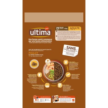 Sac de nourriture pour animaux "Ultima" marron avec texte en français et néerlandais, mettant en avant un bol de croquettes et de poulet, soulignant la qualité des ingrédients.