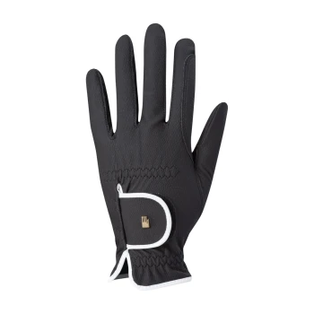 Schwarze Haustierpflegehandschuhe mit strukturierter Oberfläche und weißem Rand, mit einem kleinen Logo am Handgelenk.