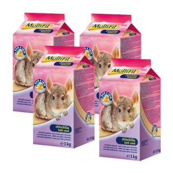 Badesand für Chinchillas 4x1kg Vier Boxen mit MultiFit Chinchilla-Badesand, jede mit einem Chinchilla auf der Vorderseite und mit 1 kg beschriftet.