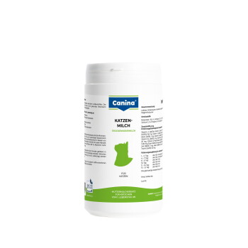 Weiße Canina-Dose mit der Aufschrift Katzen-Milch Trockennährmilch, grüner Katzensilhouette und Text Für Katzen