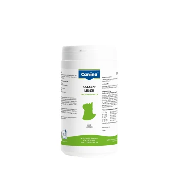 Weiße Canina-Dose mit der Aufschrift Katzen-Milch Trockennährmilch, grüner Katzensilhouette und Text Für Katzen