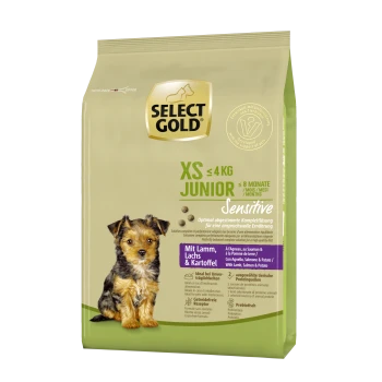 Wählen Sie Gold XS Junior Sensitive Hundefutterbeutel, geeignet für Hunde bis zu 4 kg, mit Lamm-, Lachs- und Kartoffelzutaten.
