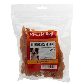 Miracle Dog Snacks Hühnerbrustfilet Hundesnacks, 250g, natürliches Hähnchen, mit Hundeabbildung auf der Verpackung.