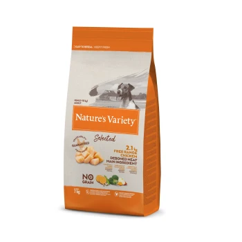 Selected Mini Adult Kurczak 7 kg Torba z karmą dla psów oznaczona "Nature's Variety Selected," z kurczakiem z wolnego wybiegu jako głównym składnikiem, 2,1 kg, oraz tekstem "No Grain."