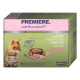 Verpackung für Katzenfutter mit einer Bengal-Katze, beschriftet mit "PREMIERE DELUXE RAGOUT," mit Geschmäckern wie Truthahn, Lachs, Reis, Huhn und Kalbfleisch.