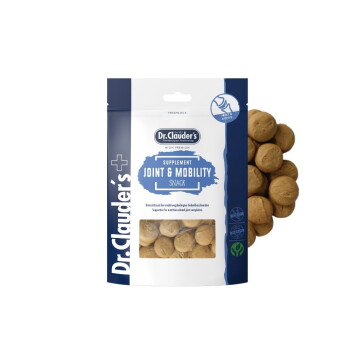 Dr. Clauder's Gelenk- & Mobilitäts-Ergänzungs-Snack für Haustiere, hochwertig, mit sichtbaren runden Leckerlis innen und außen auf der Verpackung.