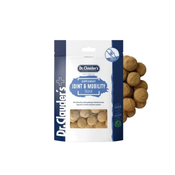 Dr. Clauder's Gelenk- & Mobilitäts-Ergänzungs-Snack für Haustiere, hochwertig, mit sichtbaren runden Leckerlis innen und außen auf der Verpackung.