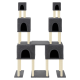 Ein mehrstöckiger Katzenbaum mit grau bezogenen Plattformen und beigen Holzpfosten, mit mehreren Verstecken und modernem Design.