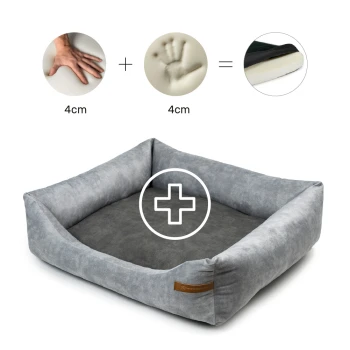 Otto Orthopädisches Hundebett Grau S-XL graphit/nature S Graues Haustierbett mit einer weichen, plüschigen Oberfläche, das ein Pluszeichen-Symbol und Illustrationen zeigt, die eine Dicke von 4 cm für Komfort anzeigen.