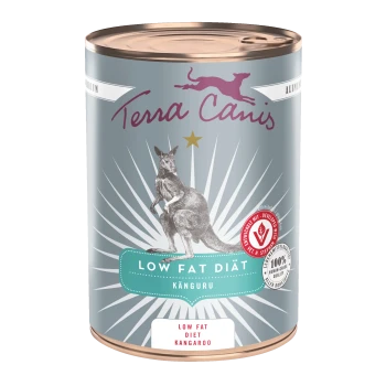 Terra Canis Dosenfutter, Känguru-Illustration, Etikett mit 'Low Fat Diät Känguru' und 'Low Fat Diet Kangaroo'