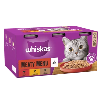 Whiskas Meaty Menu cat food pack featuring a gray cat's face, with a bowl of wet food in jelly, flavors include beef, chicken, and turkey.