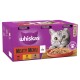 Whiskas Meaty Menu cat food pack featuring a gray cat's face, with a bowl of wet food in jelly, flavors include beef, chicken, and turkey.