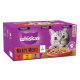 Whiskas Meaty Menu cat food pack featuring a gray cat's face, with a bowl of wet food in jelly, flavors include beef, chicken, and turkey.