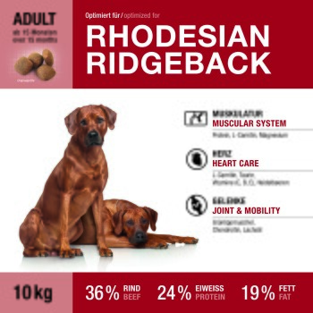 Hundefutterverpackung für Rhodesian Ridgeback mit zwei Ridgeback-Hunden, 'ADULT' und 'RHODESIAN RIDGEBACK', 10 kg, 36% Rind, 24% Protein, 19% Fett.