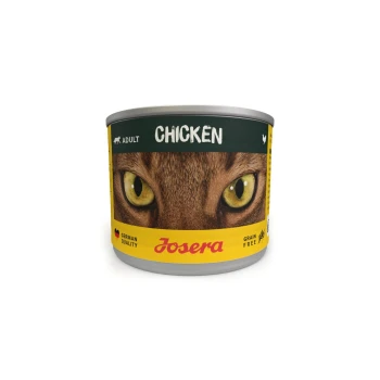 Chicken 6x200 g Sechs Dosen Josera Katzenfutter in einem gelben Kartontray, beschriftet mit "Adult Chicken," mit einer Nahaufnahme eines Katzenauges.
