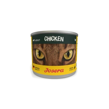 Sechs Dosen Josera Katzenfutter in einem gelben Kartontray, beschriftet mit "Adult Chicken," mit einer Nahaufnahme eines Katzenauges.