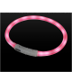Ein leuchtendes pinkes LED-Haustierhalsband mit einem weißen Steuerknopf, vor einem schwarzen Hintergrund präsentiert.