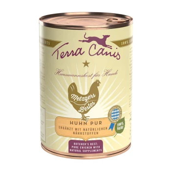 Eine Dose Terra Canis Hundefutter mit einem beigen Etikett, das eine Hühnergrafik zeigt und mit "Huhn Pur" und "Metzgers Bestes" beschriftet ist.