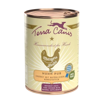 Eine Dose Terra Canis Hundefutter mit einem beigen Etikett, das eine Hühnergrafik zeigt und mit "Huhn Pur" und "Metzgers Bestes" beschriftet ist.