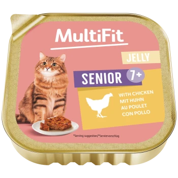 MultiFit Gelee‑Katzenfutter‑Schale: Senior 7+ mit Huhn; orangegetigerte Katze und Teller mit Hühnergelee