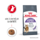 Sac de nourriture pour chats Royal Canin Appetite Control avec un graphique de chat, un morceau de croquette et un texte sur la gestion de l'appétit et la satisfaction du propriétaire.