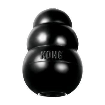 Zwarte KONG Classic rubberen hondenspeelgoed, drielaagse vorm met het in reliëf aangebrachte 'KONG'-logo.