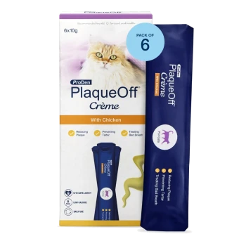ProDen PlaqueOff Crème with Chicken for cats – pack of 6 box and navy sachet, reduces plaque, tartar and bad breath.