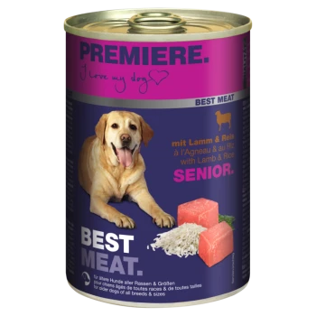 Dosenfutter für Hunde mit der Aufschrift "Premiere. Best Meat." mit einem gelben Labrador, mit Zutaten aus Lamm und Reis, geeignet für ältere Hunde.