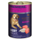 De la nourriture pour chien en conserve étiquetée "Premiere. Best Meat." avec un labrador jaune, contenant des ingrédients d'agneau et de riz, adaptée aux chiens âgés.