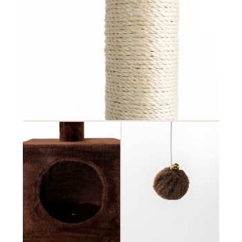Komponenten für einen Katzenbaum mit einem Sisal-Kratzbaum, einem plüschigen braunen Versteck mit einem runden Eingang und einem baumelnden Pom-Pom-Spielzeug.