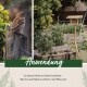Ein Spatz, der auf einem Holzpfosten neben einem Garten mit Hochbeeten und einem Vogelhaus sitzt. Der Text lautet "Anwendung" und enthält Anweisungen zur Platzierung.
