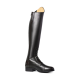 Schwarze Lederreitstiefel mit hohem Schaft, Schnürung vorne und niedrigem Absatz, vor einem weißen Hintergrund präsentiert.