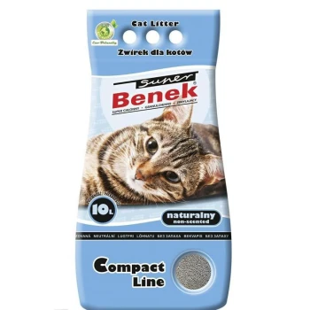 Super Natural 10 l Katzenstreu-Packung mit einer Nahaufnahme einer getigerten Katze, beschriftet mit "Super Benek" und den Texten "10L" und "naturalny non-scented".