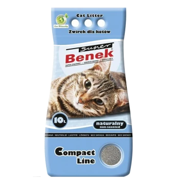 Katzenstreu-Packung mit einer Nahaufnahme einer getigerten Katze, beschriftet mit "Super Benek" und den Texten "10L" und "naturalny non-scented".