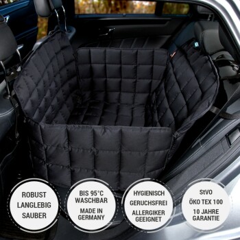Gepolsterte schwarze Autositzauflage für Haustiere mit deutschem Text zu Haltbarkeit, Waschbarkeit, Hygiene und einer 10-Jahres-Garantie.