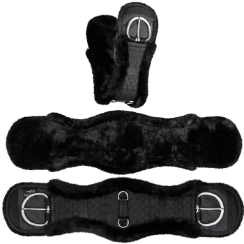 Schwarzer, fleecegefütterter Pferdegurt mit Edelstahl-Schnallen, in drei Abschnitten präsentiert.