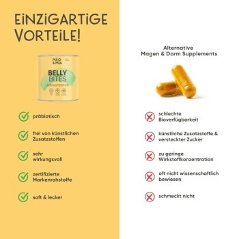 Eine Frau füttert einen kleinen Hund mit einem Leckerli, mit einer Tabelle, die die täglichen Fütterungsempfehlungen für verschiedene Hunderassen zeigt und Bildern von Hundefutterpellets.