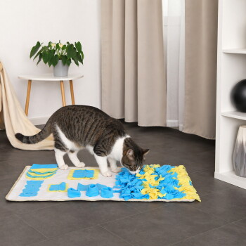 Gestromte und weiße Katze schnüffelt an einer blau-gelben Stoff-Snuffle-Matte auf grauem Boden in einem Wohnzimmer.