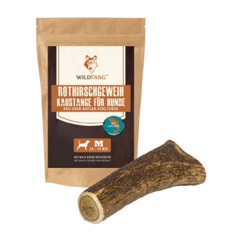 Rote Hirschgeweih-Hundekauartikel von Wildfang, verpackt in einer braunen Tüte mit deutschem Text, geeignet für Hunde mit einem Gewicht von 10-15 kg.