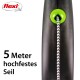 Flexi ausziehbare Hundeleine mit einem 5 Meter langen Hochleistungsseil, ausgestattet mit einem schwarzen Griff und einem grünen Freigabeknopf.