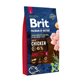 Hundefutterbeutel beschriftet mit "Brit Premium by Nature", mit einer Hühnerformel für große erwachsene Hunde, 45% Hühneranteil und ernährungsphysiologischen Vorteilen.