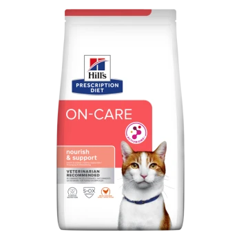 Sac de nourriture pour chats Hill's Prescription Diet ON-CARE, présentant le texte "nourish & support", recommandé par des vétérinaires, et le logo ActivBiome.