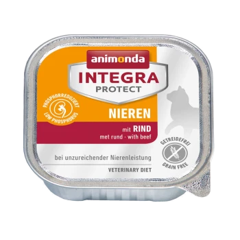Dosen-Hundefutter mit der Aufschrift "Animonda Integra Protect" für die Nierengesundheit, mit Rindfleisch, niedrigem Phosphor und getreidefrei.